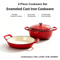 Ensemble de batterie de cuisine en fonte émaillée 2 pièces, compatible four, comprenant faitout et poêle, pour cuisinières à induction et à gaz