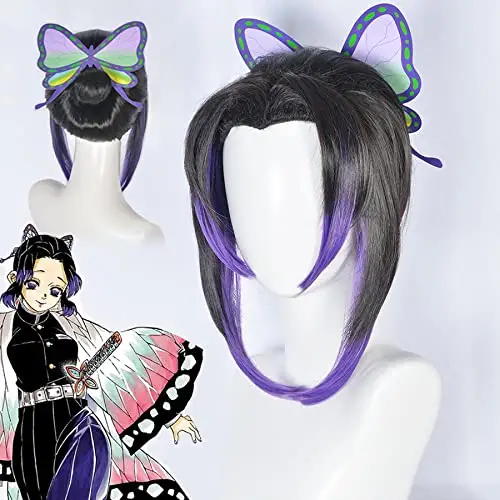HUAYI Demon Slayer Kimetsu No Yaiba Kochou Shinobu Wig With Butterfly Hair Clip Anime Cosplay Wig