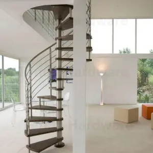 save space spiral stair with wooden steps and stainless steel railing