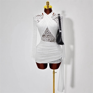 PEEQI JY8110 Vestido Sexy de Moda 2026 para Mujer, Color Sólido, Tejido de Punto con Encaje, Diseño Calado, Manga Larga Mini - Product Image 3