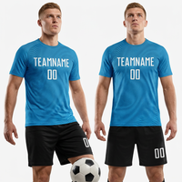 Ensemble de maillots de football unisexes respirants personnalisés sublimés, grande taille, imprimé géométrique bleu sarcelle noir blanc, col rond/col en V, manches courtes
