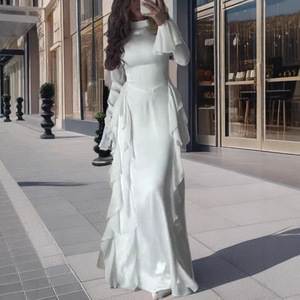 Robe de soirée pour femme, col rond, manches évasées, taille haute, asymétrique, couleur unie, blanc, bleu, noir, rouge, rose, fibre de polyester - Product Image 1