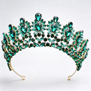 Diadème Vert Émeraude Doré Style Baroque, Coiffe de Costume Vintage, Tiara d'Elfe de Forêt, Accessoire de Cheveux de Luxe pour Défilé et Cosplay Théâtral - Product Image 1