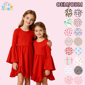 Robe rouge vif unie à manches cloche pour petites filles, col rond, volants, ourlet asymétrique, jupe tourbillonnante, personnalisable OEM pour vêtements pour enfants - Product Image 1