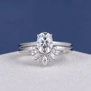 yellow white gold 1.5ct oval cluster moissanite bridal set engagement ring stacking marquise band diamond ring set