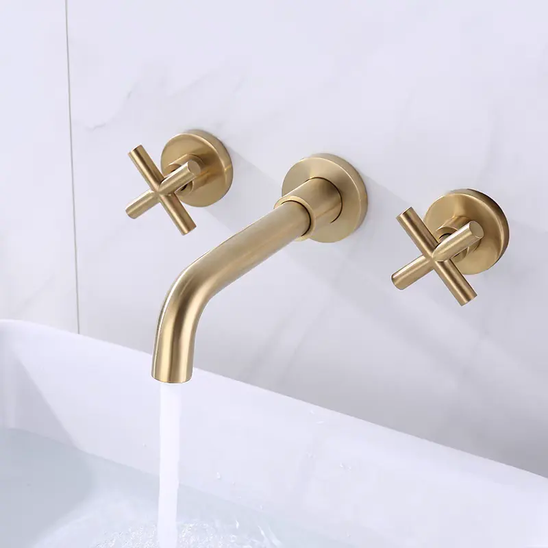 2 maniglie bello satinato spazzolato oro bagno rubinetti in ottone rubinetto del bacino di acqua per il bagno