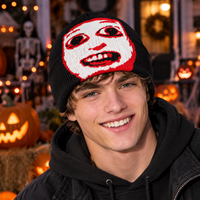 Bonnet en tricot jacquard à motif visage humain effrayant pour Halloween, en acrylique extensible contrastant, idéal pour les fêtes costumées d'Halloween, les déguisements de rue et les tenues de cosplay.