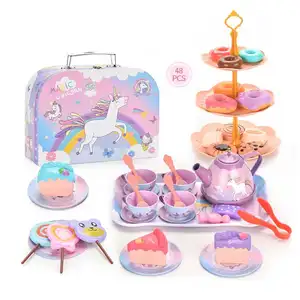 Kleine Mädchen Geschenk so tun, als ob Kinder Spielzeug Zinn Tee Set mit Essen und Trage tasche Einhorn 48 Stück Tea Party Set für Mädchen