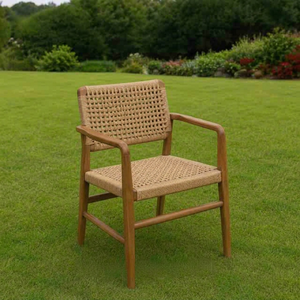 Chaise de salle à manger scandinave moderne en teck massif et corde de rotin, avec accoudoirs, taille personnalisée, faite à la main, écologique, pour restaurant et appartement - Product Image 1