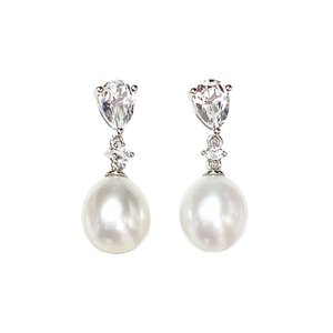 Elegant S925 Sterling <b>Silver</b> <b>Stud</b> <b>Earrings</b> Embedded With Smooth Natural Freshwater Pearl And Clear White Topaz Customizable Fine - Product Image 1