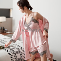 5PC Robe Sommeil Costume Femmes Dentelle Satin Pyjamas Robe Ensemble Col En V Cami Nuisettes Porter Pijama Maison Vêtements De Nuit Printemps Chemise De Nuit
