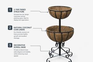 <span class=keywords><strong>Support</strong></span> de plante à 2 niveaux décoratif avec revêtement en coco écologique, <span class=keywords><strong>support</strong></span> de pot de fleurs en métal résistant aux intempéries pour patio et <span class=keywords><strong>balcon</strong></span> - Product Image 2