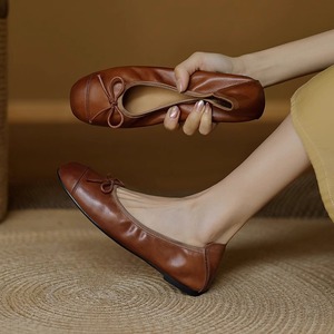 <b>Red</b> Genuine Leather Ballet Flats Square Toe Slip-On With <b>Bow</b> Flat Shoes For Women All Seasons - Product Image 4