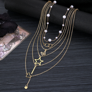 Collier Pendentif Multicouche Plaqué Or Tendance avec Cœur, Pentagramme, Papillon et Perle d'Imitation Géométrique pour Femme Bijoux - Product Image 2
