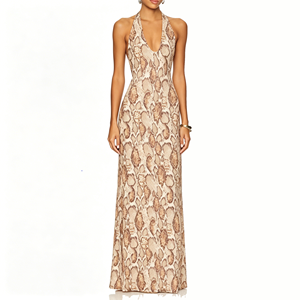 Abito lungo da <span class=keywords><strong>donna</strong></span> personalizzato con stampa effetto pelle di serpente, scollo all'americana, in Spandex/Poliestere, vestibilità aderente, modello animale, senza schienale, produzione diretta dalla fabbrica. - Product Image 1