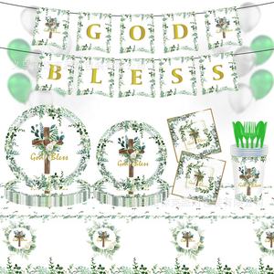 <span class=keywords><strong>Vaisselle</strong></span> <span class=keywords><strong>jetable</strong></span> en papier à motif bois pour baptême et communion : assiettes, gobelets, serviettes, drapeaux suspendus, salvia officinalis, eucalyptus - Product Image 1