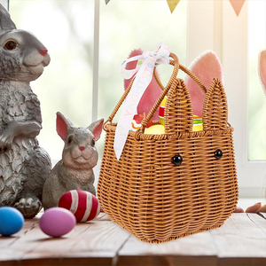 Keranjang penyimpanan berbentuk kelinci, wadah pembawa hadiah bunga buah plastik gagang bergerak panjang bahan rotan - Product Image 5