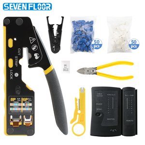 Kit di Strumenti di Rete 8 in 1: Pinza Crimpatrice, Tester 8P/6P, Tagliacavi, Lame, Connettore Cat6, Copri Connettore RJ45, Strumento di Crimpatura, Confezione OEM - Product Image 1