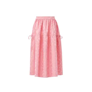 时尚服装制造商供应商定制女裙提花褶裥休闲夏季长粉色中长裙