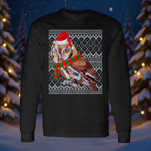 Camiseta de manga larga con diseño navideño de la búho zorruda del este, con gorro de Papá Noel y bufanda - Product Image 3