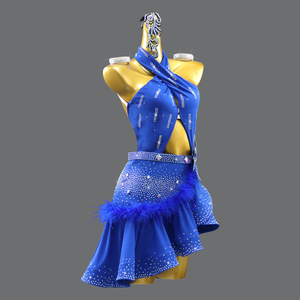 Robe de danse latine personnalisable en Spandex pour femmes, avec strass thermocollés, <span class=keywords><strong>col</strong></span> halter et jupe ajourée, idéale pour les compétitions. - Product Image 3