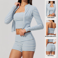Ensemble de survêtement 3 pièces pour femme : veste de course zippée intégrale douce, débardeur de sport sans bretelles et short de fitness à taille élastique pliable