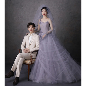 Purple Tulle Ball Gown Wedding Dress Halter Neck Empire Waistline Floral Print For Outdoor Photography - Product Image 5