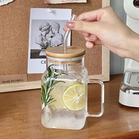 Gobelet à café en verre borosilicate de haute qualité, carré, 620 ml, avec paille en verre et couvercle en bambou, vente en gros