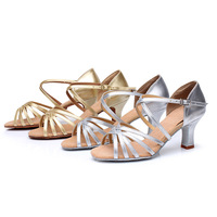 Chaussures de danse latine en satin pour femmes, couleur chair claire, à talons hauts multi-bretelles, semelle souple en daim, pour la pratique de la salsa et du tango