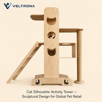 Tour d'activités en bois pour chat avec silhouettes, rampe, poteau en sisal, meuble d'escalade intérieur multi-niveaux, vente en gros