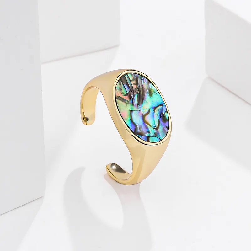 Fine Jewelry Nature Paua Abalone Shell Sterling Silver Gold Plated Resizable Oval Women Open Ring