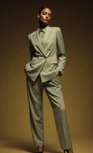 Costume vert sauge à double boutonnage, blazer structuré, ensemble pantalon ajusté, tenue de bureau élégante pour femmes, tenue professionnelle - Product Image 2