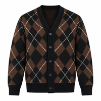 OEM Trendige Retro Preppy Argyle-Muster Weiche Mischgarn-Strickjacke Flauschige Lose Drop-Shoulder V-Ausschnitt Strick-Oberbekleidung