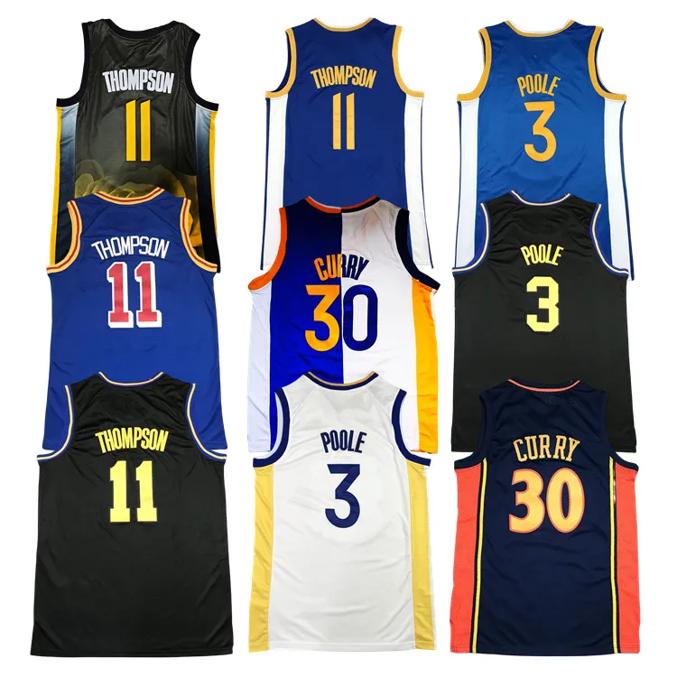 2023 Wholesale Quick Dry Mesh Klay Thompson 11 Stephen Curry 30 Embroidery Nbaing Black Blue Custom Basketball Uniform Jerseys