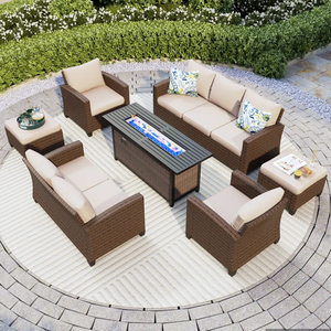 Dwoo 8 Piece Patio Conversation Set Beige Outdoor Courtyard Rattan Furniture Garden with <b>Fire</b> <b>Pit</b> <b>Table</b> - Product Image 1