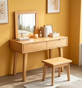 Scandinavian Solid Oak Makeup Vanity With Mirror And <b>Storage</b> Drawers <b>For</b> Bedroom - Product Image 1