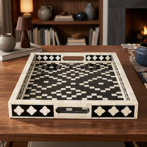 REHMAN CRAFT Handcrafted Bone Inlay Serving Tray Luxury <b>Black</b> White Floral Pattern Ottoman Platter Non-Toxic Eco-Friendly - Product Image 6