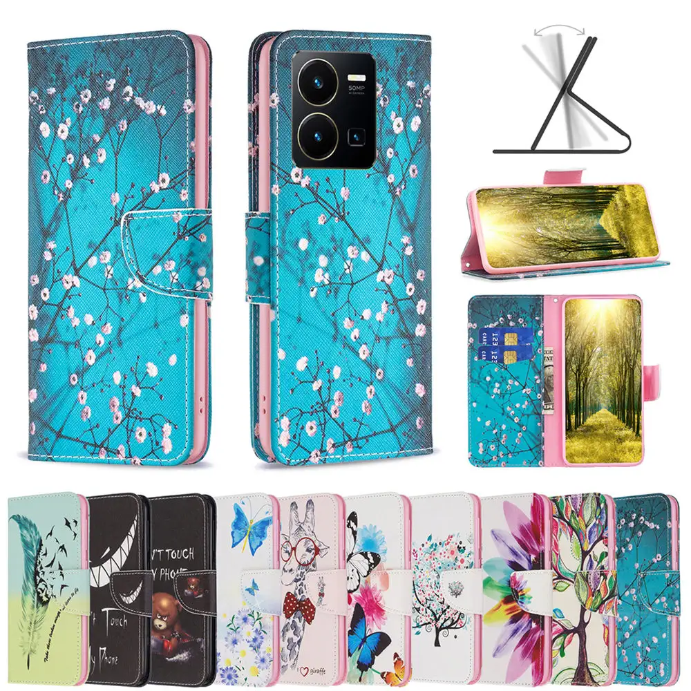 Funda For VIVO Y02S Y35 Y22S V21E Y33S Magnetic Book Case For OPPO Find X6 Pro Realme C55 A17 A57 Painted Leather Wallet Cover