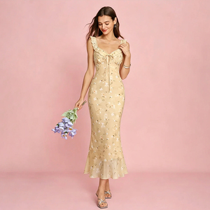 Abito Midi Floreale Giallo con Volant <span class=keywords><strong>e</strong></span> Dettagli Arricciati, Vita Naturale, Schiena Scoperta, Linea ad <span class=keywords><strong>A</strong></span>, per Vacanze <span class=keywords><strong>e</strong></span> Spiaggia, in Poliestere - Product Image 1