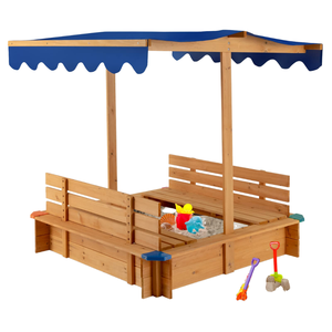 Kids Sandbox, Wooden Square Sandpit with Canopy, Built-in Seat, Bottom <b>Liner</b>, Outdoor Sand Box for Backyard <b>Garden</b> Beach - Product Image 1