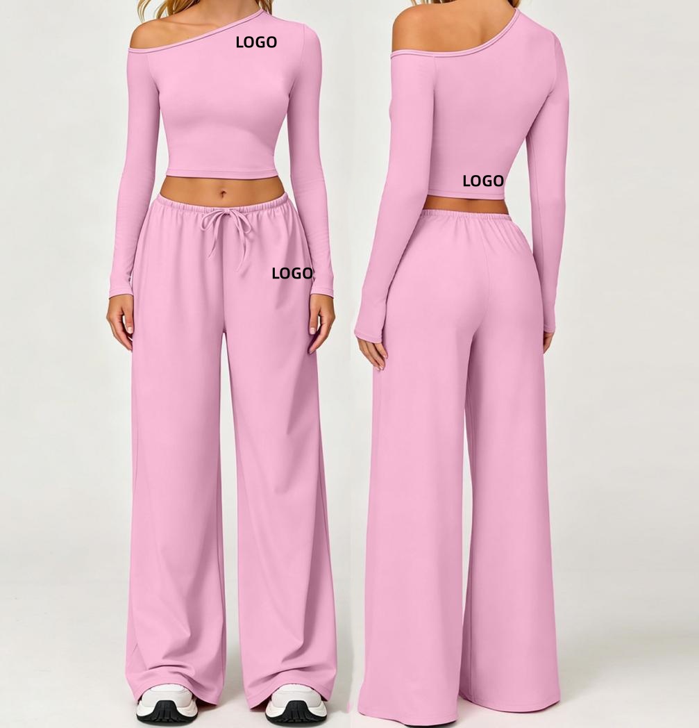 Ladies Asymmetric Slash Neck Pilates Yoga Wear Suit Long Sleeves Crop Top & Drawstring Trousers Workout Gym Fitness Dance Wear