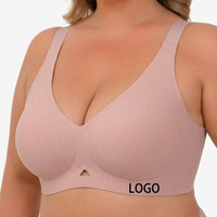 Sujetador sin costuras acanalado SHANGBINI de talla grande, inalámbrico, con copas moldeadas en V profundo, corte central y banda cómoda tipo bralette