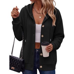 FOXA Sudadera con capucha para mujer, chaqueta de lana con botones en la parte delantera y bolsillos, sudadera cómoda con capucha, tallas S-3XL - Product Image 1