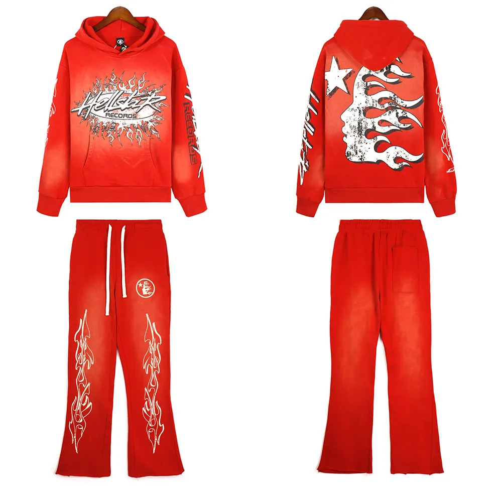 Streetwear personnalisé pour hommes impression survêtement 100% coton éponge française surdimensionné rouge lavé à l'acide à capuche et pantalon de survêtement évasé ensemble