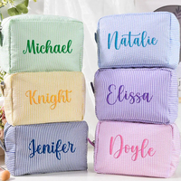 Pochette de toilette de voyage en seersucker personnalisable en gros, sac de maquillage de plage, trousse à cosmétiques rayée