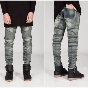 Wholesale Vintage <b>Biker</b> <b>Men's</b> <b>Jeans</b> Cotton Slim Fit Motorcycle Stretch Striped Panel Stacked Skinny Moto Denim Trousers - Product Image 4