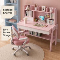 Ensemble bureau et chaise d'étude pour enfants personnalisable, hauteur réglable, rose, avec étagère de rangement en bois, table d'apprentissage ergonomique