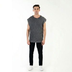 Débardeur pour homme à manches courtes, col rond, coupe classique, 100% coton jersey, gris uni, vêtement décontracté, séchage rapide, finition lavée, Whiteaura - Product Image 1