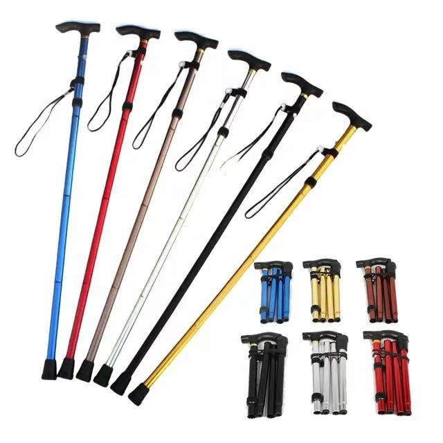 Hot Sale Adjustable Foldable Walking Stick T-Handle Aluminum Alloy Telescopic Trekking Pole for Outdoor Hiking