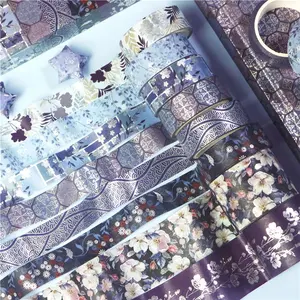 8 Rolls Cold Tone Design Silver Foil Deep Blue Flower Washi Tape Set